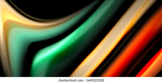 Abstract silk smooth lines on black, multicolored liquid fluid rainbow style waves on black. Vector Illustrations For Wallpaper, Banner, Background, Card, Book, Illustration, landing page, cover