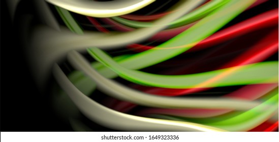 Abstract silk smooth lines on black, multicolored liquid fluid rainbow style waves on black. Vector Illustrations For Wallpaper, Banner, Background, Card, Book, Illustration, landing page, cover