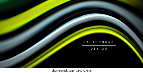 Abstract silk smooth lines on black, multicolored liquid fluid rainbow style waves on black. Vector Illustrations For Wallpaper, Banner, Background, Card, Book, Illustration, landing page, cover