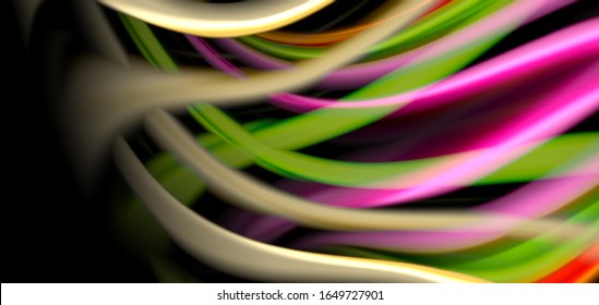 Abstract silk smooth lines on black, multicolored liquid fluid rainbow style waves on black. Vector Illustrations For Wallpaper, Banner, Background, Card, Book, Illustration, landing page, cover