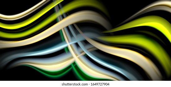 Abstract silk smooth lines on black, multicolored liquid fluid rainbow style waves on black. Vector Illustrations For Wallpaper, Banner, Background, Card, Book, Illustration, landing page, cover