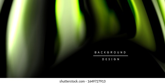 Líneas suaves de seda abstracta sobre las ondas negras, multicolores de fluido líquido arco iris sobre negro. Ilustraciones vectoriales para papel tapiz, banner, fondo, tarjeta, libro, ilustración, página de inicio, portada
