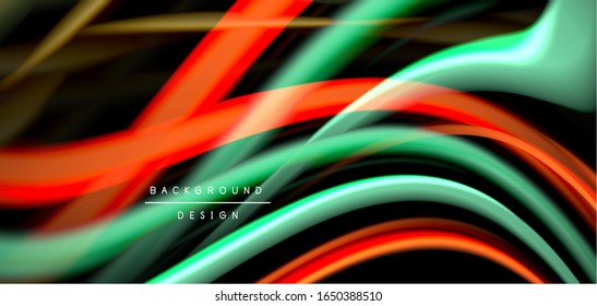 Líneas suaves de seda abstracta sobre las ondas negras, multicolores de fluido líquido arco iris sobre negro. Ilustraciones vectoriales para papel tapiz, banner, fondo, tarjeta, libro, ilustración, página de inicio, portada