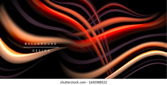 Líneas suaves de seda abstracta sobre las ondas negras, multicolores de fluido líquido arco iris sobre negro. Ilustraciones vectoriales para papel tapiz, banner, fondo, tarjeta, libro, ilustración, página de inicio, portada