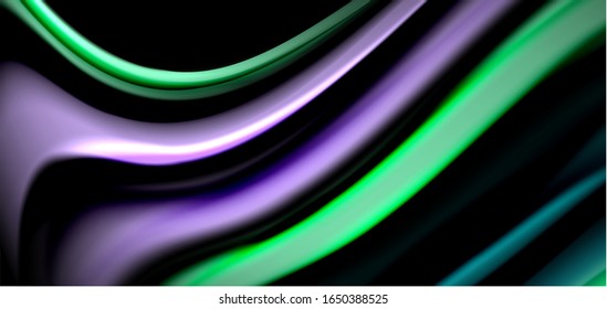 Abstract silk smooth lines on black, multicolored liquid fluid rainbow style waves on black. Vector Illustrations For Wallpaper, Banner, Background, Card, Book, Illustration, landing page, cover