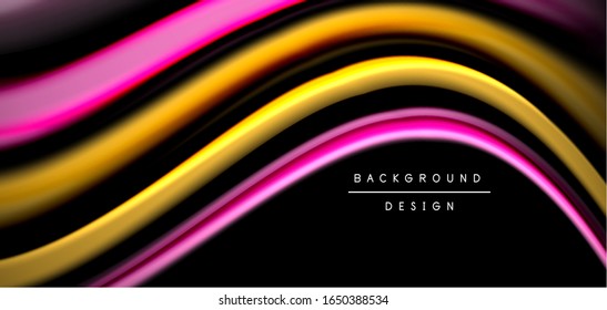 Abstract silk smooth lines on black, multicolored liquid fluid rainbow style waves on black. Vector Illustrations For Wallpaper, Banner, Background, Card, Book, Illustration, landing page, cover