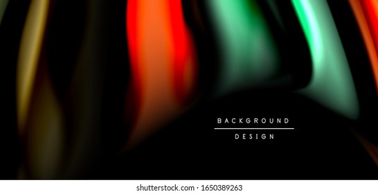 Abstract silk smooth lines on black, multicolored liquid fluid rainbow style waves on black. Vector Illustrations For Wallpaper, Banner, Background, Card, Book, Illustration, landing page, cover