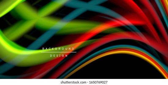 Abstract silk smooth lines on black, multicolored liquid fluid rainbow style waves on black. Vector Illustrations For Wallpaper, Banner, Background, Card, Book, Illustration, landing page, cover