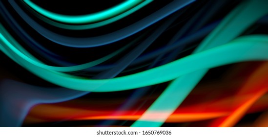 Abstract silk smooth lines on black, multicolored liquid fluid rainbow style waves on black. Vector Illustrations For Wallpaper, Banner, Background, Card, Book, Illustration, landing page, cover