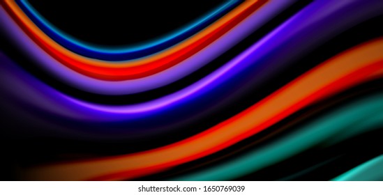 Abstract silk smooth lines on black, multicolored liquid fluid rainbow style waves on black. Vector Illustrations For Wallpaper, Banner, Background, Card, Book, Illustration, landing page, cover
