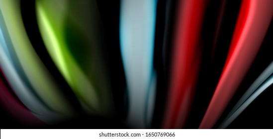 Abstract silk smooth lines on black, multicolored liquid fluid rainbow style waves on black. Vector Illustrations For Wallpaper, Banner, Background, Card, Book, Illustration, landing page, cover