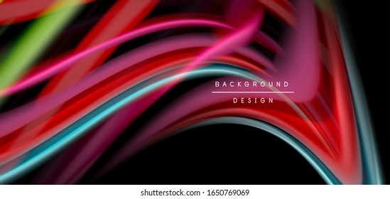 Abstract silk smooth lines on black, multicolored liquid fluid rainbow style waves on black. Vector Illustrations For Wallpaper, Banner, Background, Card, Book, Illustration, landing page, cover