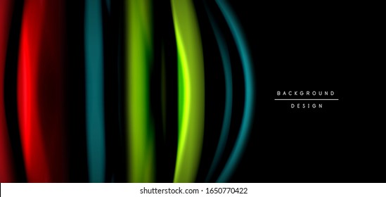 Abstract silk smooth lines on black, multicolored liquid fluid rainbow style waves on black. Vector Illustrations For Wallpaper, Banner, Background, Card, Book, Illustration, landing page, cover