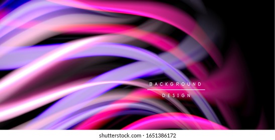 Abstract silk smooth lines on black, multicolored liquid fluid rainbow style waves on black. Vector Illustrations For Wallpaper, Banner, Background, Card, Book, Illustration, landing page, cover