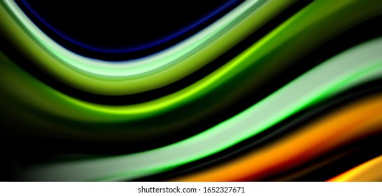 Abstract silk smooth lines on black, multicolored liquid fluid rainbow style waves on black. Vector Illustrations For Wallpaper, Banner, Background, Card, Book, Illustration, landing page, cover