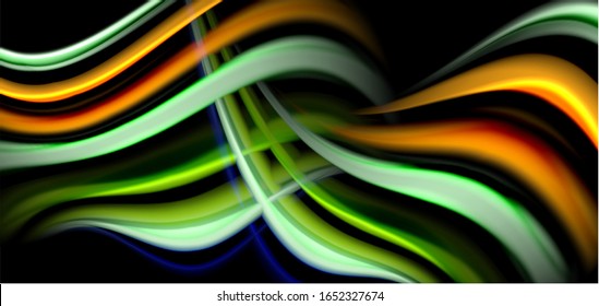 Abstract silk smooth lines on black, multicolored liquid fluid rainbow style waves on black. Vector Illustrations For Wallpaper, Banner, Background, Card, Book, Illustration, landing page, cover