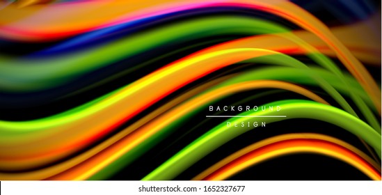 Abstract silk smooth lines on black, multicolored liquid fluid rainbow style waves on black. Vector Illustrations For Wallpaper, Banner, Background, Card, Book, Illustration, landing page, cover