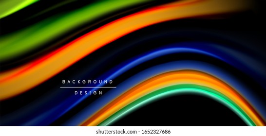 Abstract silk smooth lines on black, multicolored liquid fluid rainbow style waves on black. Vector Illustrations For Wallpaper, Banner, Background, Card, Book, Illustration, landing page, cover