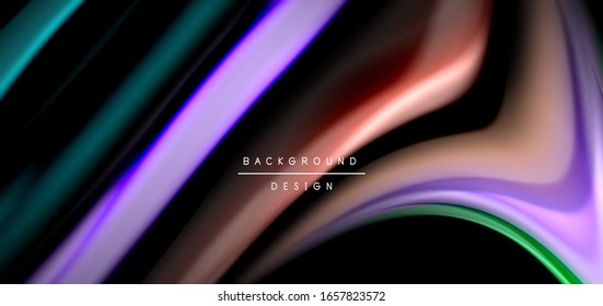 Abstract silk smooth lines on black, multicolored liquid fluid rainbow style waves on black. Vector Illustrations For Wallpaper, Banner, Background, Card, Book, Illustration, landing page, cover