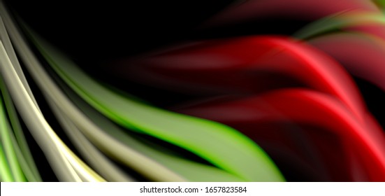 Líneas suaves de seda abstracta sobre las ondas negras, multicolores de fluido líquido arco iris sobre negro. Ilustraciones vectoriales para papel tapiz, banner, fondo, tarjeta, libro, ilustración, página de inicio, portada