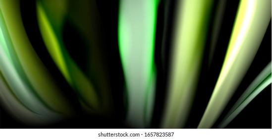 Abstract silk smooth lines on black, multicolored liquid fluid rainbow style waves on black. Vector Illustrations For Wallpaper, Banner, Background, Card, Book, Illustration, landing page, cover