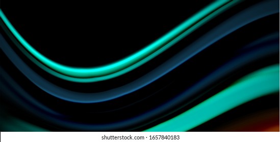 Abstract silk smooth lines on black, multicolored liquid fluid rainbow style waves on black. Vector Illustrations For Wallpaper, Banner, Background, Card, Book, Illustration, landing page, cover