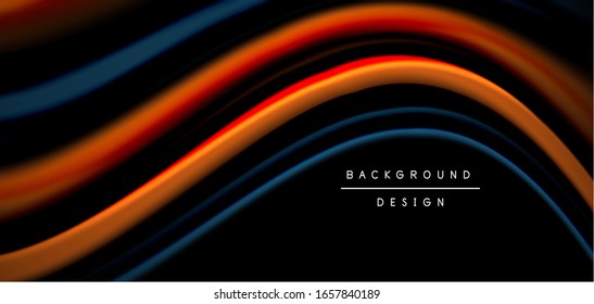 Líneas suaves de seda abstracta sobre las ondas negras, multicolores de fluido líquido arco iris sobre negro. Ilustraciones vectoriales para papel tapiz, banner, fondo, tarjeta, libro, ilustración, página de inicio, portada