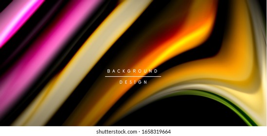 Líneas suaves de seda abstracta sobre las ondas negras, multicolores de fluido líquido arco iris sobre negro. Ilustraciones vectoriales para papel tapiz, banner, fondo, tarjeta, libro, ilustración, página de inicio, portada