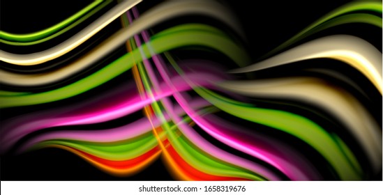 Líneas suaves de seda abstracta sobre las ondas negras, multicolores de fluido líquido arco iris sobre negro. Ilustraciones vectoriales para papel tapiz, banner, fondo, tarjeta, libro, ilustración, página de inicio, portada