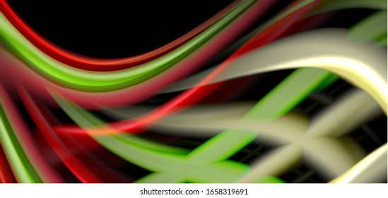 Abstract silk smooth lines on black, multicolored liquid fluid rainbow style waves on black. Vector Illustrations For Wallpaper, Banner, Background, Card, Book, Illustration, landing page, cover