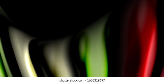 Abstract silk smooth lines on black, multicolored liquid fluid rainbow style waves on black. Vector Illustrations For Wallpaper, Banner, Background, Card, Book, Illustration, landing page, cover