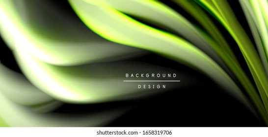 Abstract silk smooth lines on black, multicolored liquid fluid rainbow style waves on black. Vector Illustrations For Wallpaper, Banner, Background, Card, Book, Illustration, landing page, cover