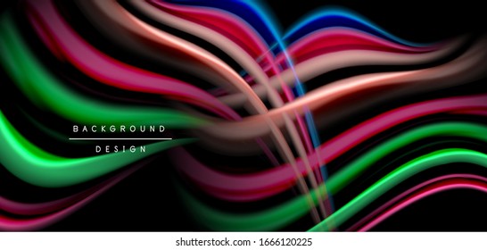 Líneas suaves de seda abstracta sobre las ondas negras, multicolores de fluido líquido arco iris sobre negro. Ilustraciones vectoriales para papel tapiz, banner, fondo, tarjeta, libro, ilustración, página de inicio, portada
