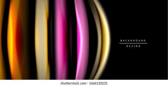Líneas suaves de seda abstracta sobre las ondas negras, multicolores de fluido líquido arco iris sobre negro. Ilustraciones vectoriales para papel tapiz, banner, fondo, tarjeta, libro, ilustración, página de inicio, portada