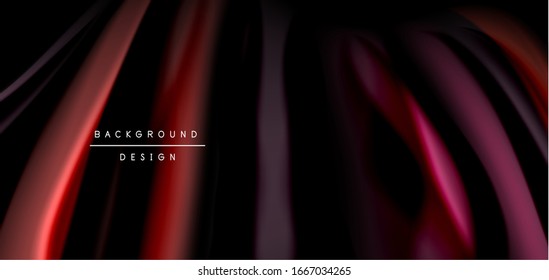 Líneas suaves de seda abstracta sobre las ondas negras, multicolores de fluido líquido arco iris sobre negro. Ilustraciones vectoriales para papel tapiz, banner, fondo, tarjeta, libro, ilustración, página de inicio, portada