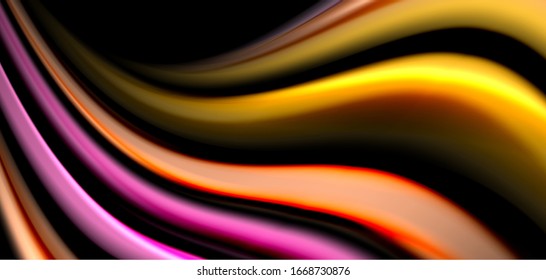 Abstract silk smooth lines on black, multicolored liquid fluid rainbow style waves on black. Vector Illustrations For Wallpaper, Banner, Background, Card, Book, Illustration, landing page, cover
