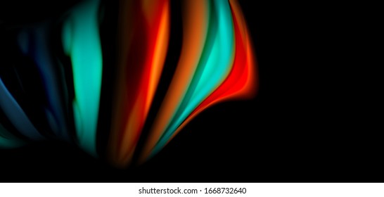 Líneas suaves de seda abstracta sobre las ondas negras, multicolores de fluido líquido arco iris sobre negro. Ilustraciones vectoriales para papel tapiz, banner, fondo, tarjeta, libro, ilustración, página de inicio, portada