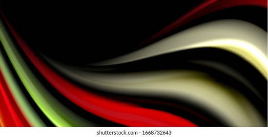 Abstract silk smooth lines on black, multicolored liquid fluid rainbow style waves on black. Vector Illustrations For Wallpaper, Banner, Background, Card, Book, Illustration, landing page, cover