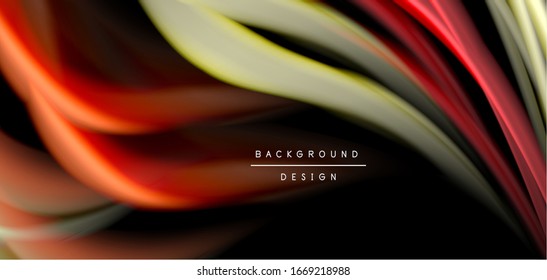 Abstract silk smooth lines on black, multicolored liquid fluid rainbow style waves on black. Vector Illustrations 