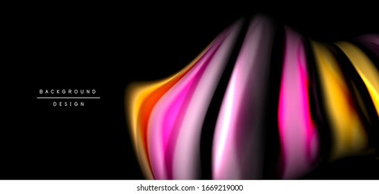 Abstract silk smooth lines on black, multicolored liquid fluid rainbow style waves on black. Vector Illustrations  