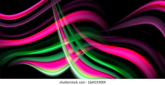 Abstract silk smooth lines on black, multicolored liquid fluid rainbow style waves on black. Vector Illustrations 