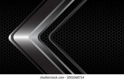 Abstract silver arrow direction on dark grey metallic hexagon mesh design modern luxury futuristic background vector illustration.