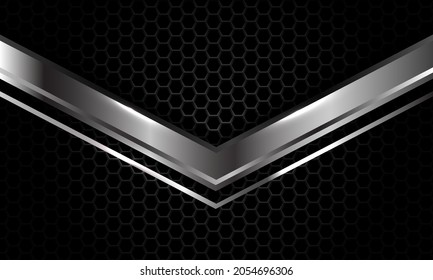 Abstract silver arrow direction overlap on dark grey metallic hexagon mesh pattern design modern luxury futuristic background vector illustration.