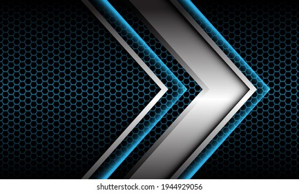 Abstract silver arrow shadow metallic direction geometric on blue hexagon mesh pattern design modern futuristic background vector illustration.