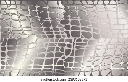 Abstract silver background with a pattern of crocodile. Ethnic metallic ornament on bright golden poster. Creative geometric vector illustration for template, website, wallpaper, card, texture, flier.