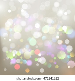 Abstract silver background with snowflakes and colorful boke. Vector illustration for Valentine's day and Christmas posters,  holiday greeting cards, print and web projects.