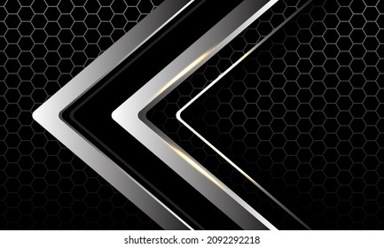 Abstract silver black arrow direction geometric on hexagon mesh design modern luxury futuristic technology background vector illustration.