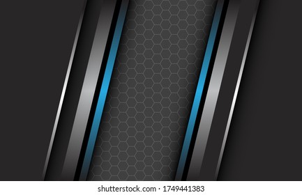 Abstract silver blue metallic line on dark grey with hexagon mesh pattern blank space design modern luxury futuristic technology background vector illustration.