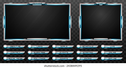 Banners de alerta de marco y GUI para juegos y transmisión de video en vivo de Silver Blue Stream