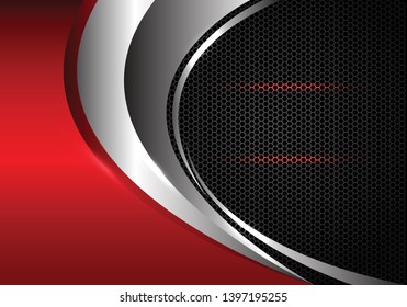 Abstract silver curve and red metallic on dark grey hexagon mesh design modern luxury futuristic background vector illustration.